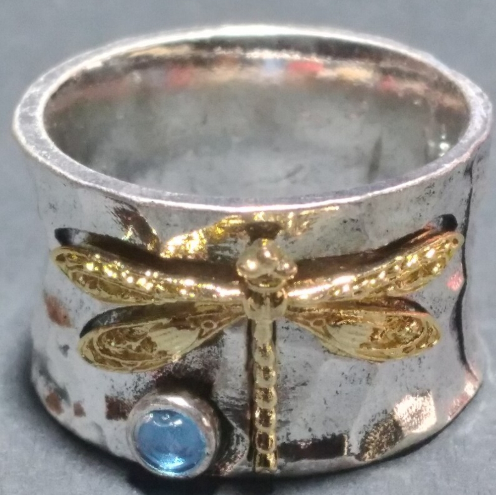 Dragonfly Ring Nature Inspired Bohemian Hippie Style Rhodium Two-Tone/Torqouise